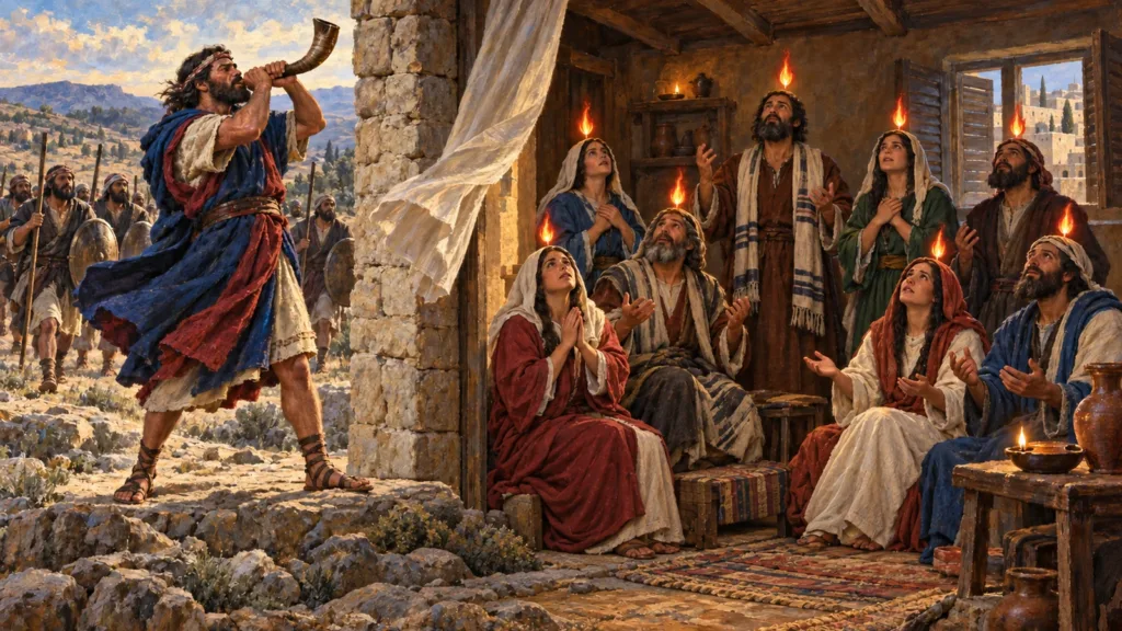 Gideon blows the trumpet when the Spirit comes upon him while eight believers receive tongues like fire at Pentecost