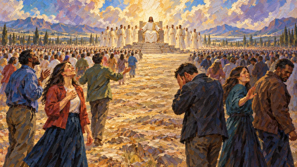 Classical oil painting of the returned Christ enthroned with holy angels as the gathered nations separate before Him.