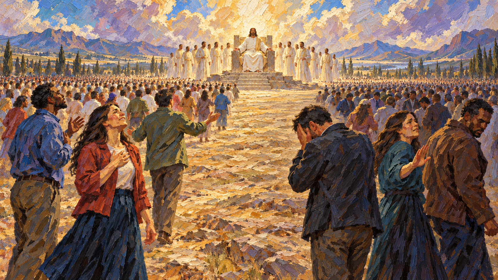 Matthew 24-25 – Christ judges the nations – classical oil painting Classical oil painting of the returned Christ enthroned with holy angels as the gathered nations separate before Him.