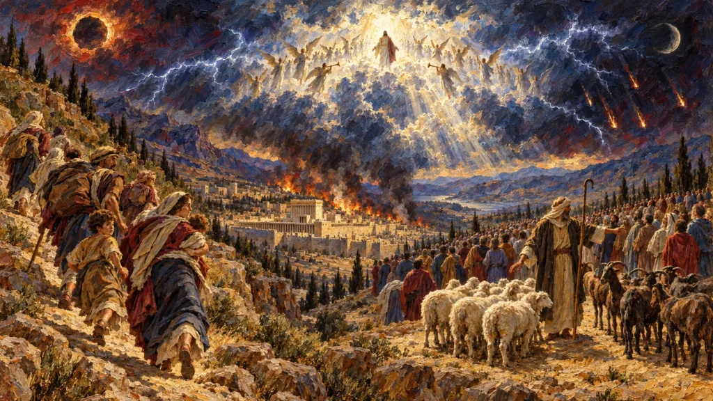 Tribulation flight, the public return of Christ, and the sheep-and-goats judgment in a classical oil painting