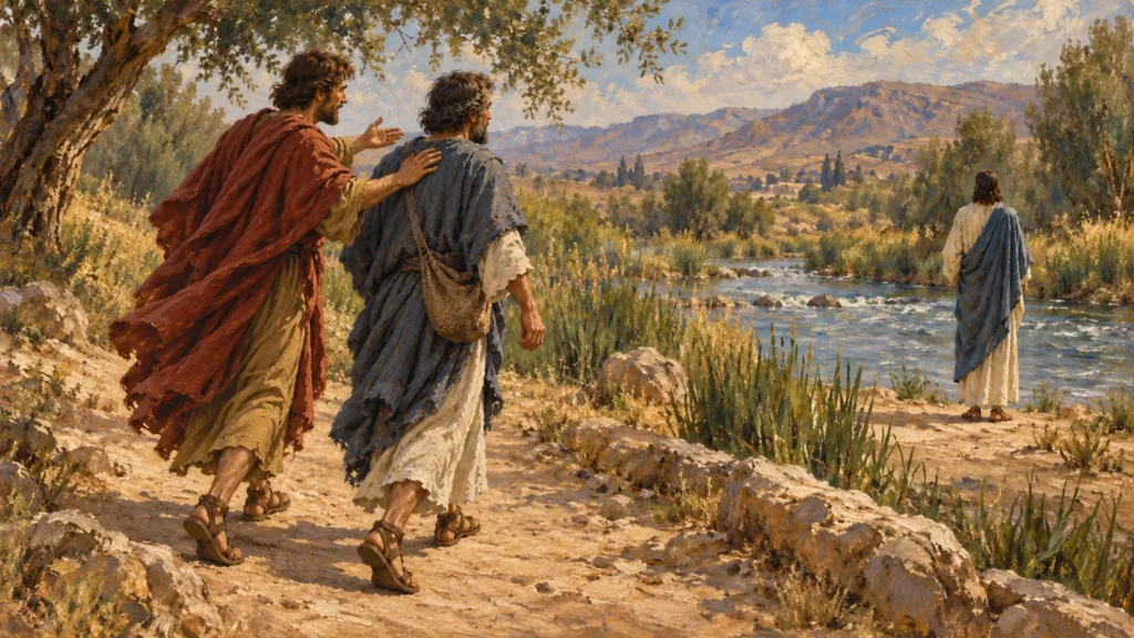 Andrew quietly guides his brother Simon along the Jordan toward Jesus