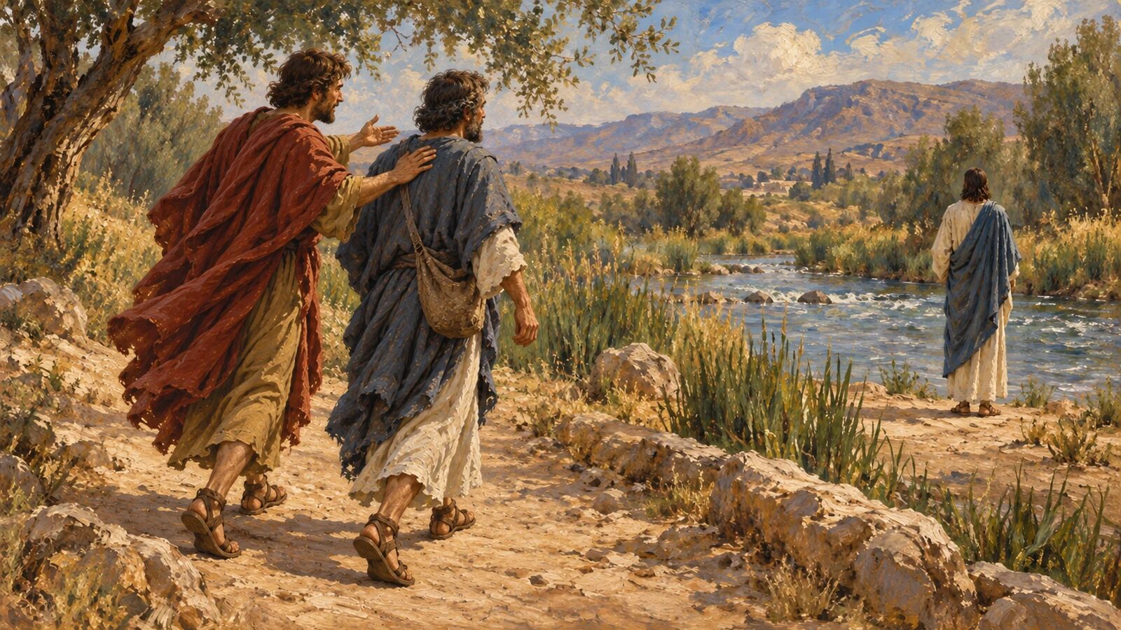 Featured oil painting – Andrew Brings Simon to Jesus Andrew quietly guides his brother Simon along the Jordan toward Jesus