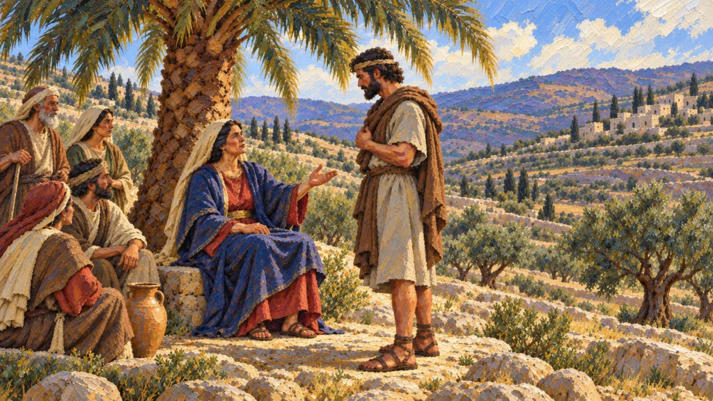 Classical oil painting of Deborah seated beneath a palm speaking to Barak while Israelites listen.