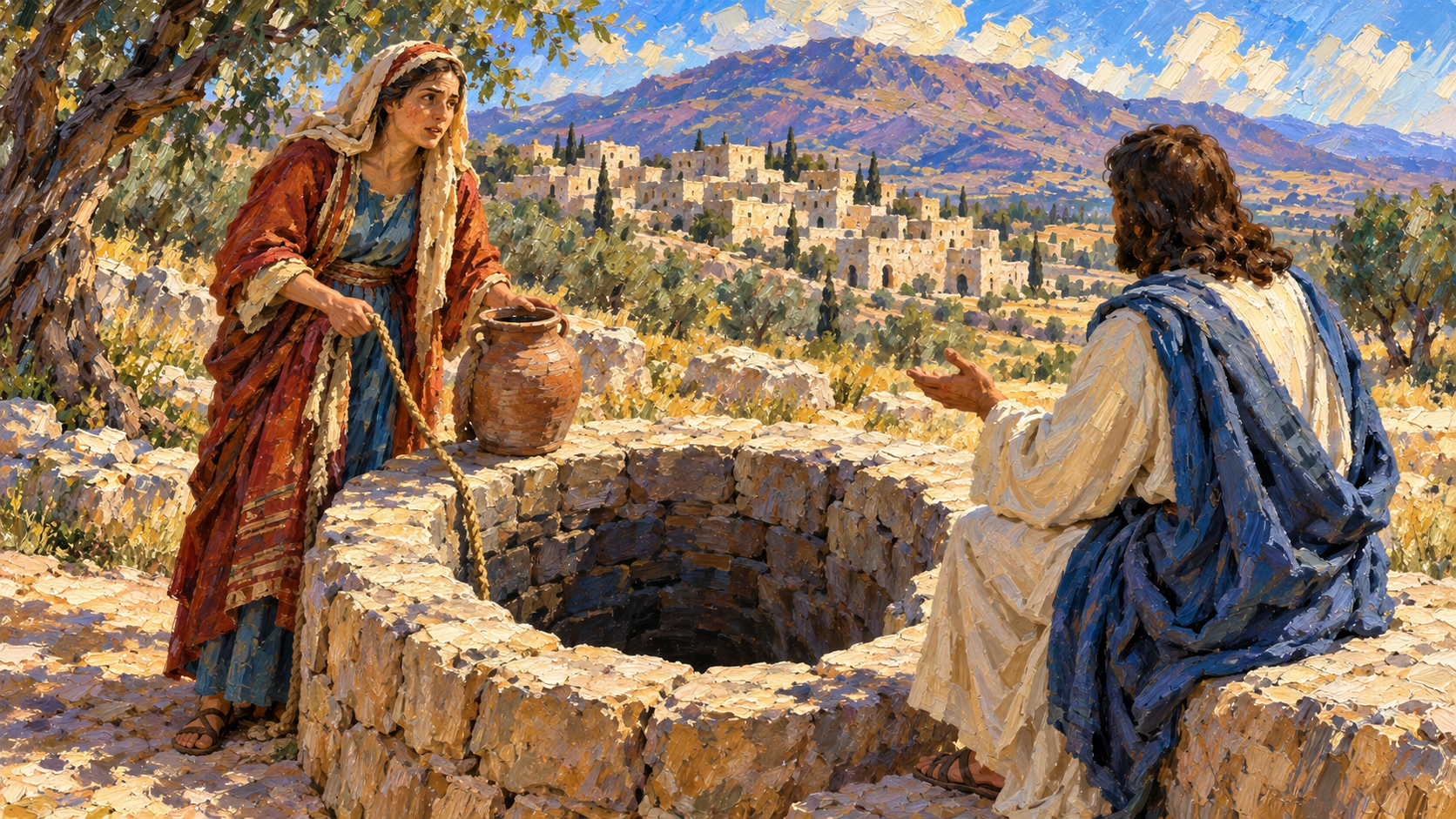 Classical oil painting of Jesus speaking with the Samaritan woman beside a deep stone well.
