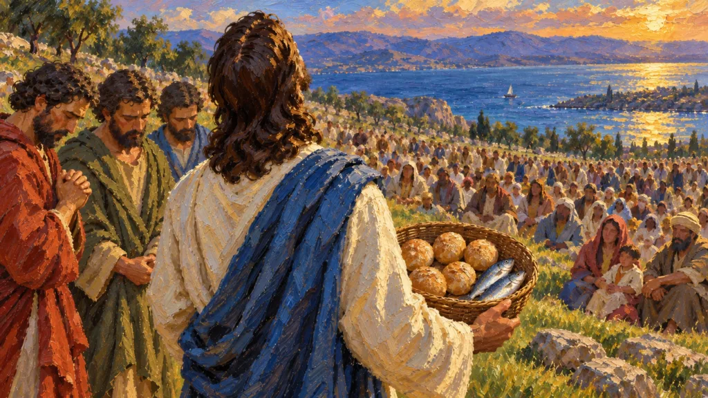 Classical oil painting of Jesus giving thanks over five loaves and two fish before feeding the multitude.