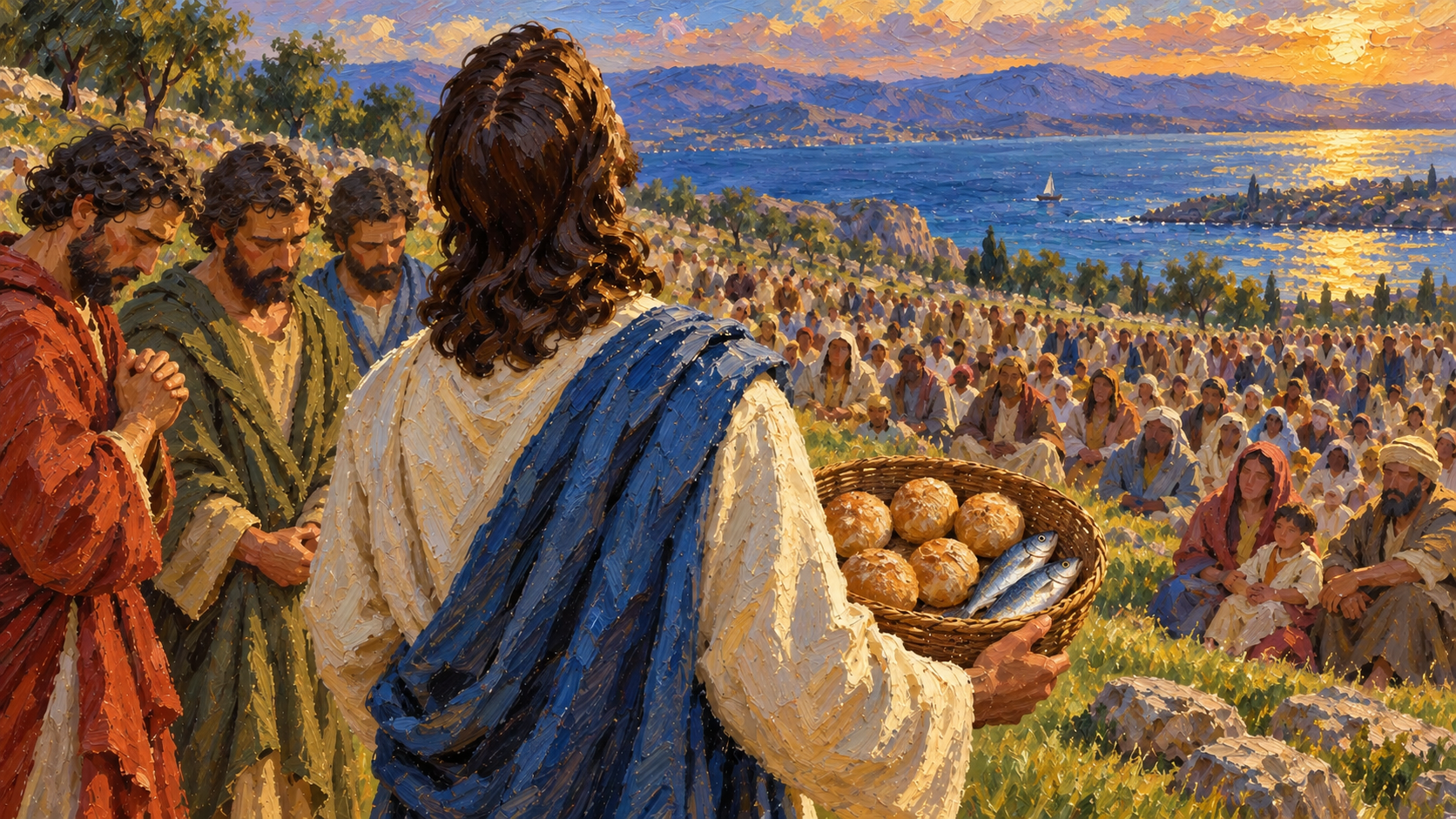 Thanksgiving Before Feeding the Multitude – Oil Painting Classical oil painting of Jesus giving thanks over five loaves and two fish before feeding the multitude.
