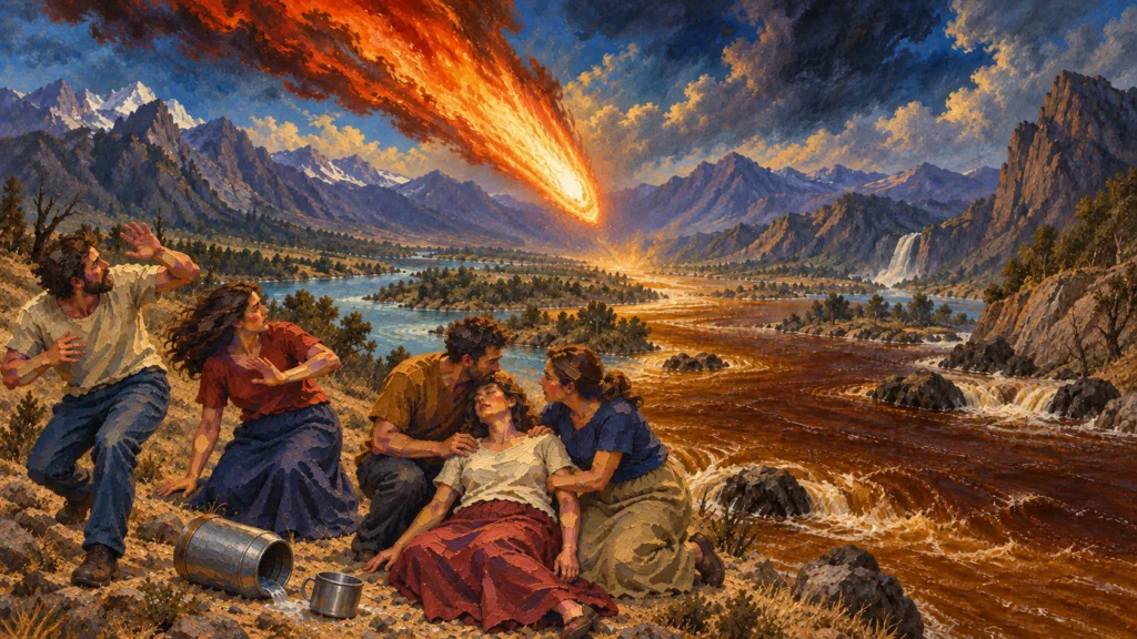 Classical oil illustration of a torchlike star over bitter freshwater and people helping a stricken woman.