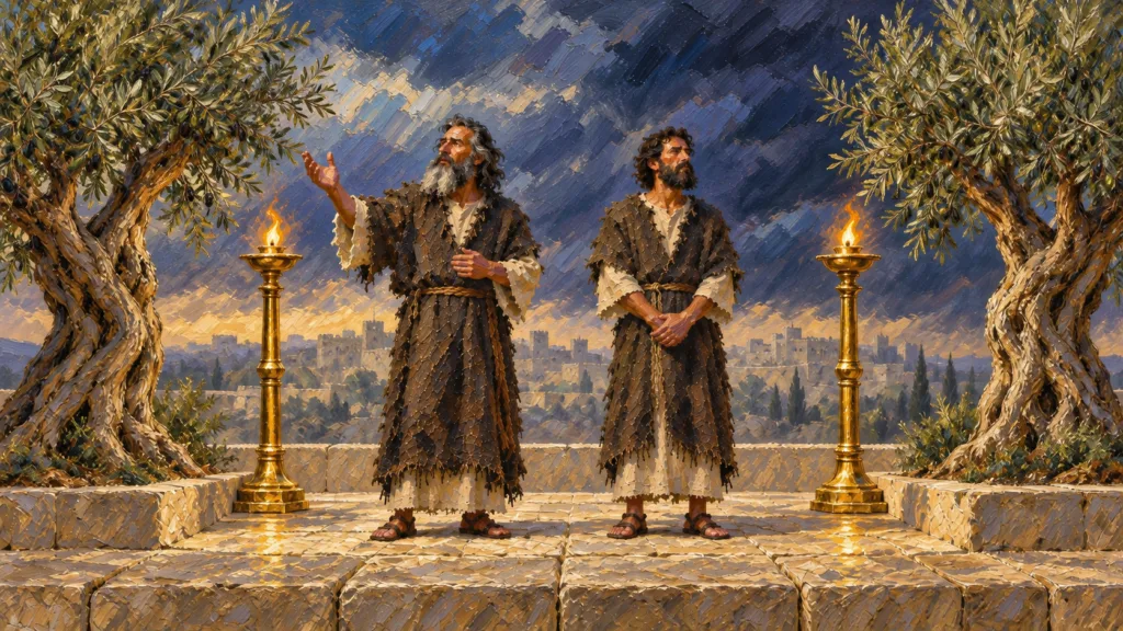 Classical oil illustration of two sackcloth witnesses framed by two burning lampstands and two olive trees.