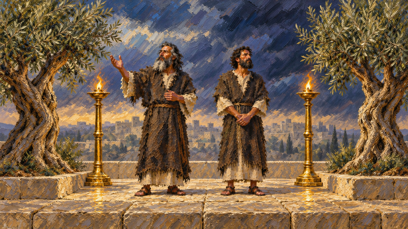 Two Lampstands and Olive Trees – Oil Painting Classical oil illustration of two sackcloth witnesses framed by two burning lampstands and two olive trees.