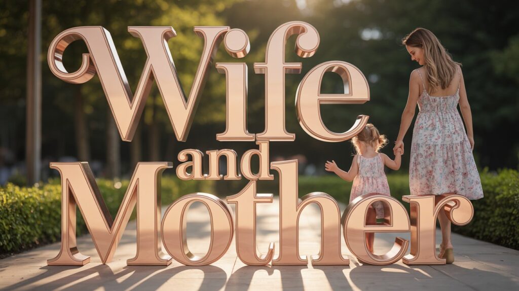 Mother holding her daughter's hand beside large Wife and Mother text