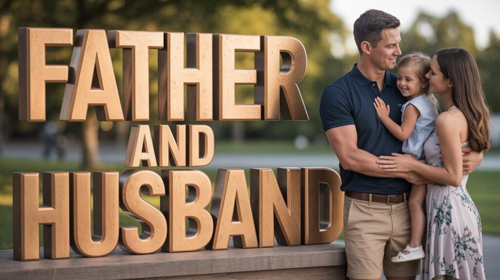 Father holding his daughter beside his wife and large Father and Husband text