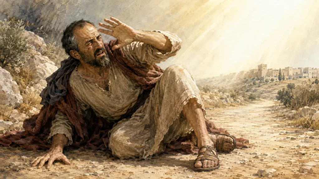 Saul falls blinded on the Damascus road as light from heaven surrounds him
