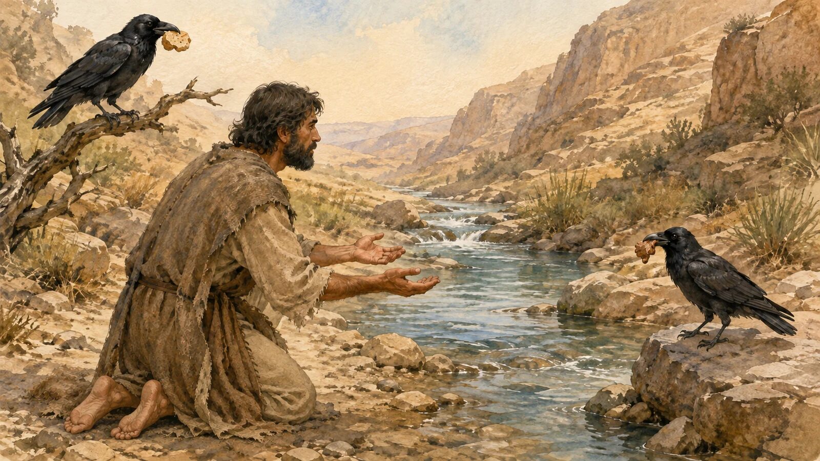 Elijah Fed by Ravens at Brook Cherith Elijah receiving bread and meat from ravens beside Brook Cherith