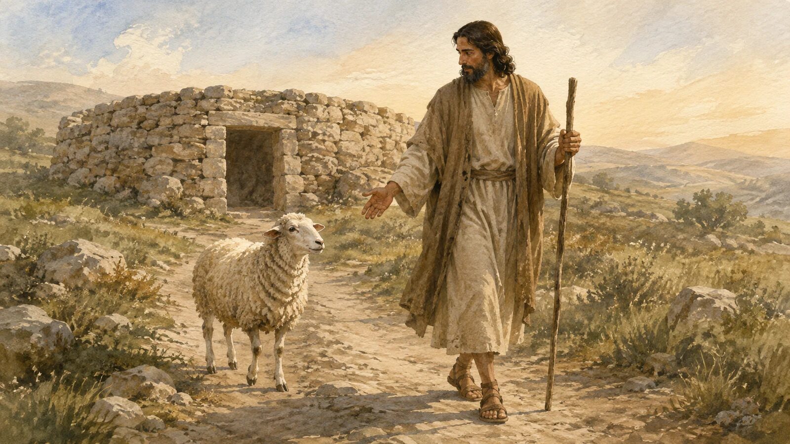 Jesus the Good Shepherd Leads His Sheep Jesus the Good Shepherd leading a sheep from a stone fold