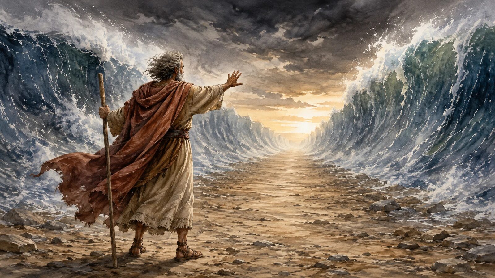 Moses stretches his hand as the Red Sea opens into a dry path