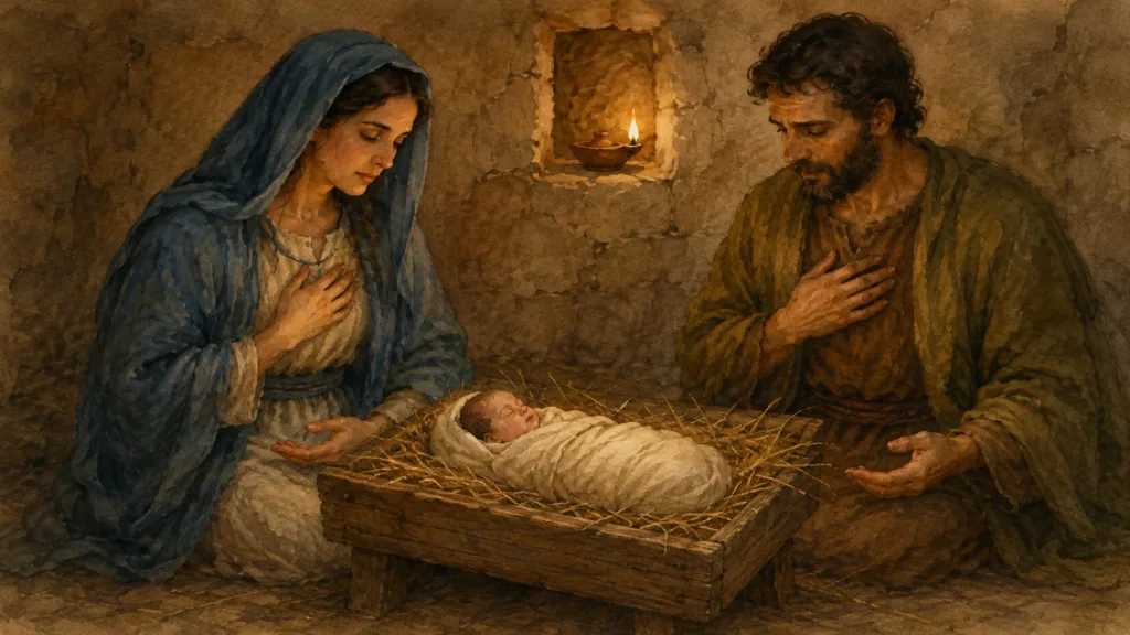 Mary and Joseph quietly regard the swaddled infant Jesus in the manger