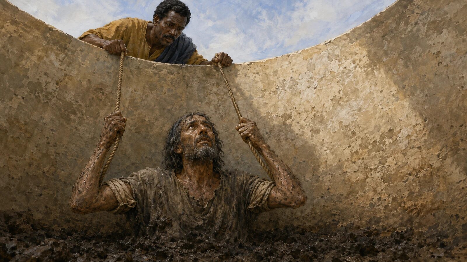 Ebed-Melech lowers padded ropes to rescue Jeremiah from the cistern mire