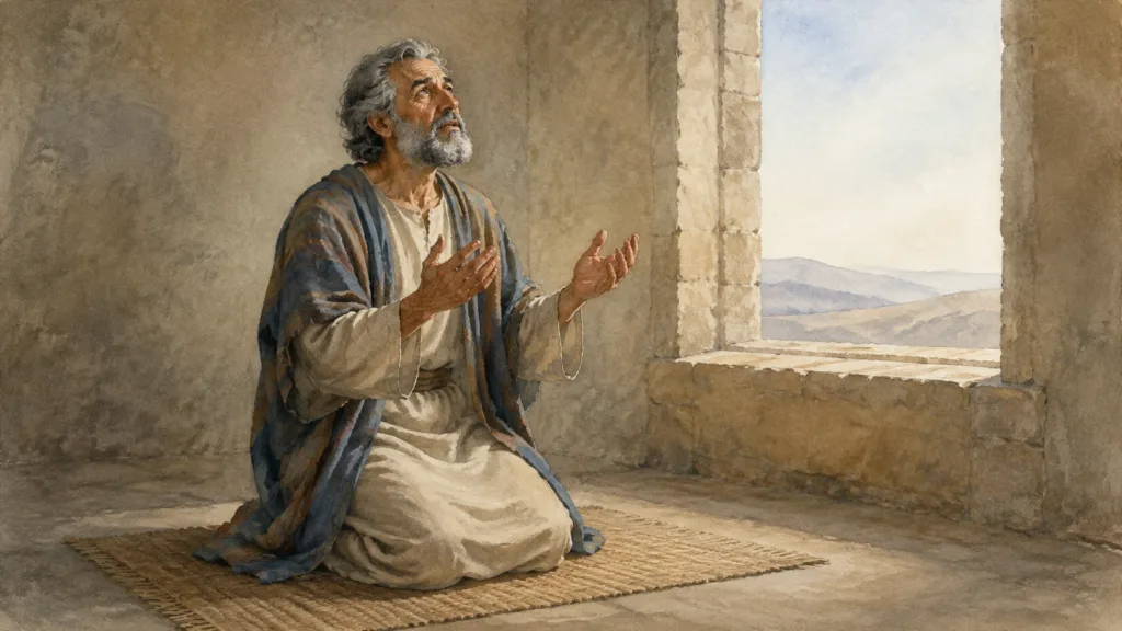The elderly Daniel kneels in prayer at his open window after the decree