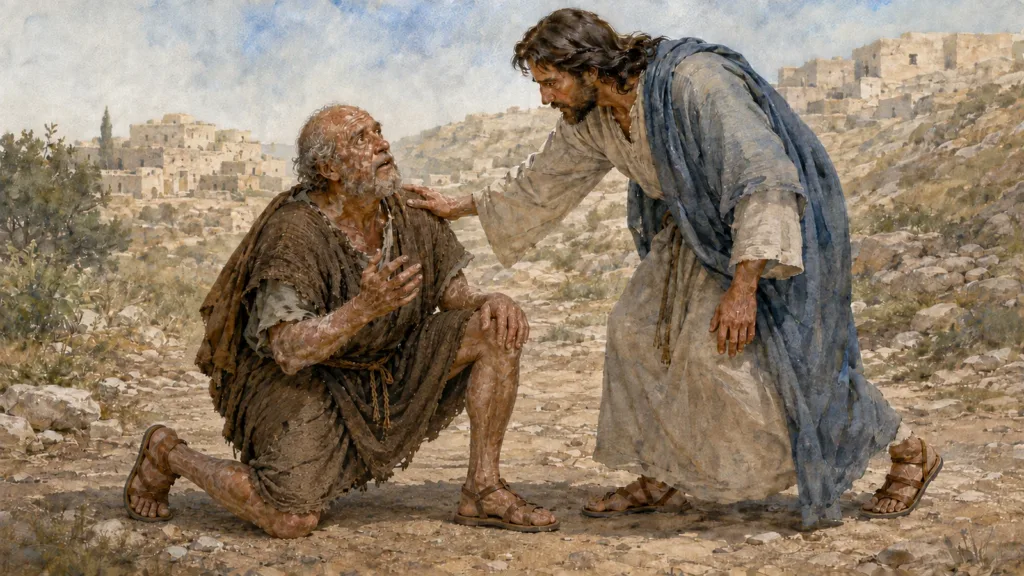 Jesus bends to touch a kneeling man with leprosy on a Galilean road