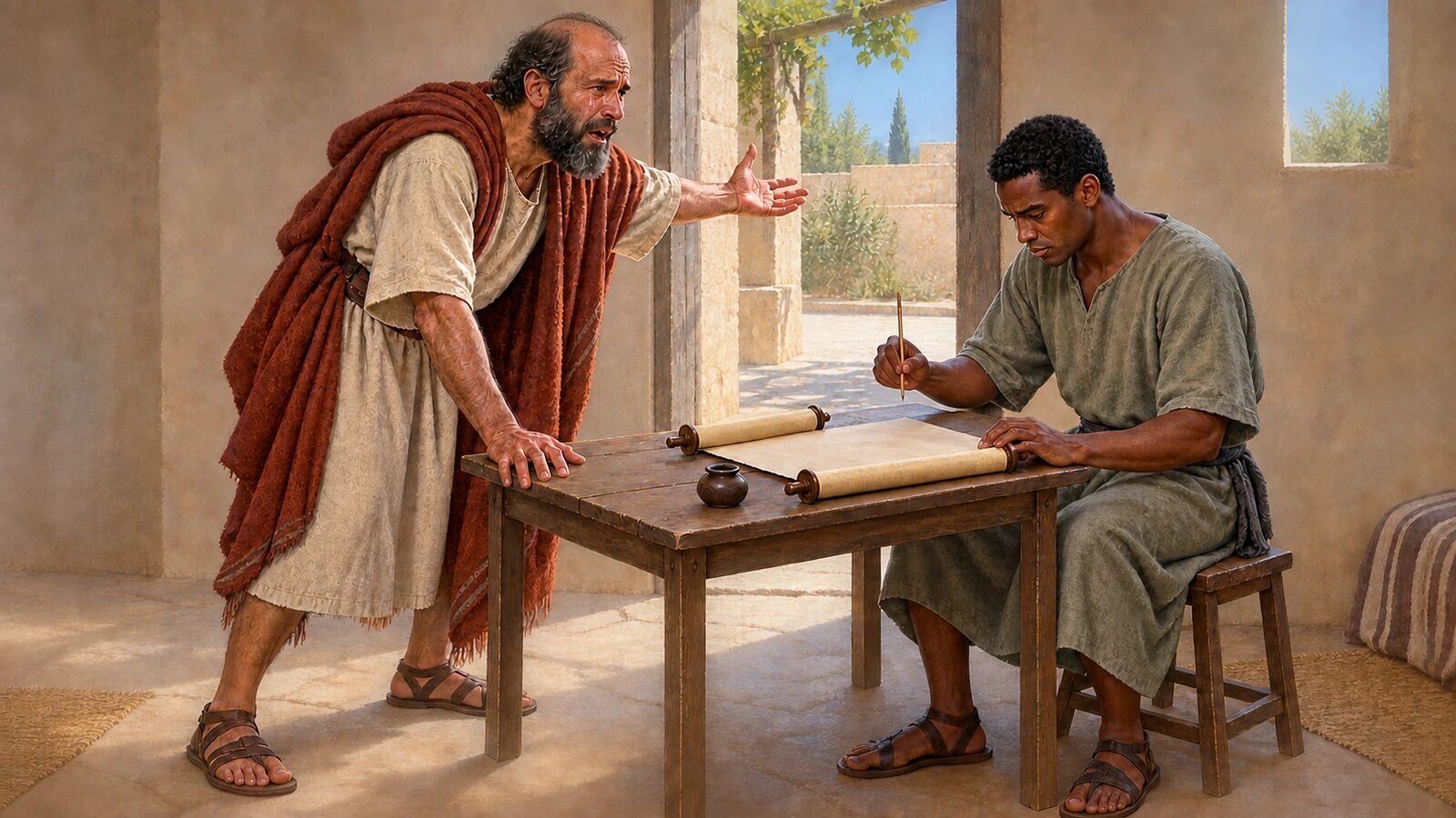 Paul Dictates Romans to Tertius in Grief Paul grieves for Israel while Tertius pauses writing the epistle to the Romans