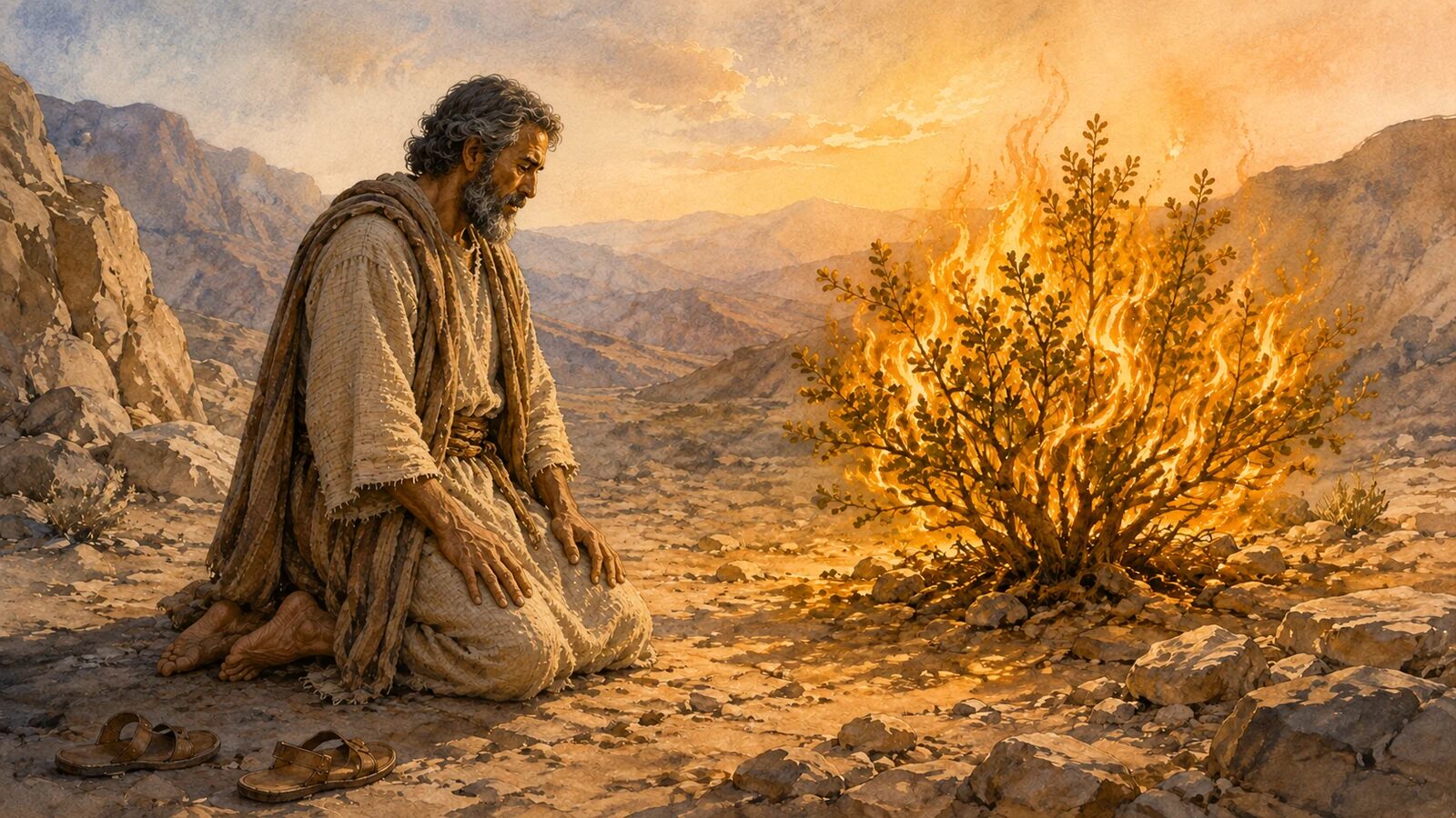 Moses kneels barefoot before the burning bush on holy ground