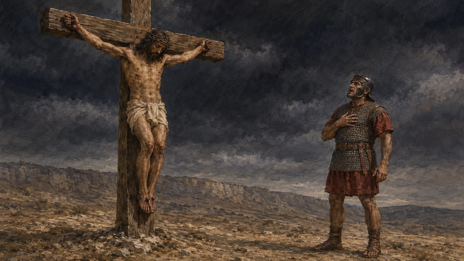A Roman centurion recognizes the Son of God after Jesus dies on the cross