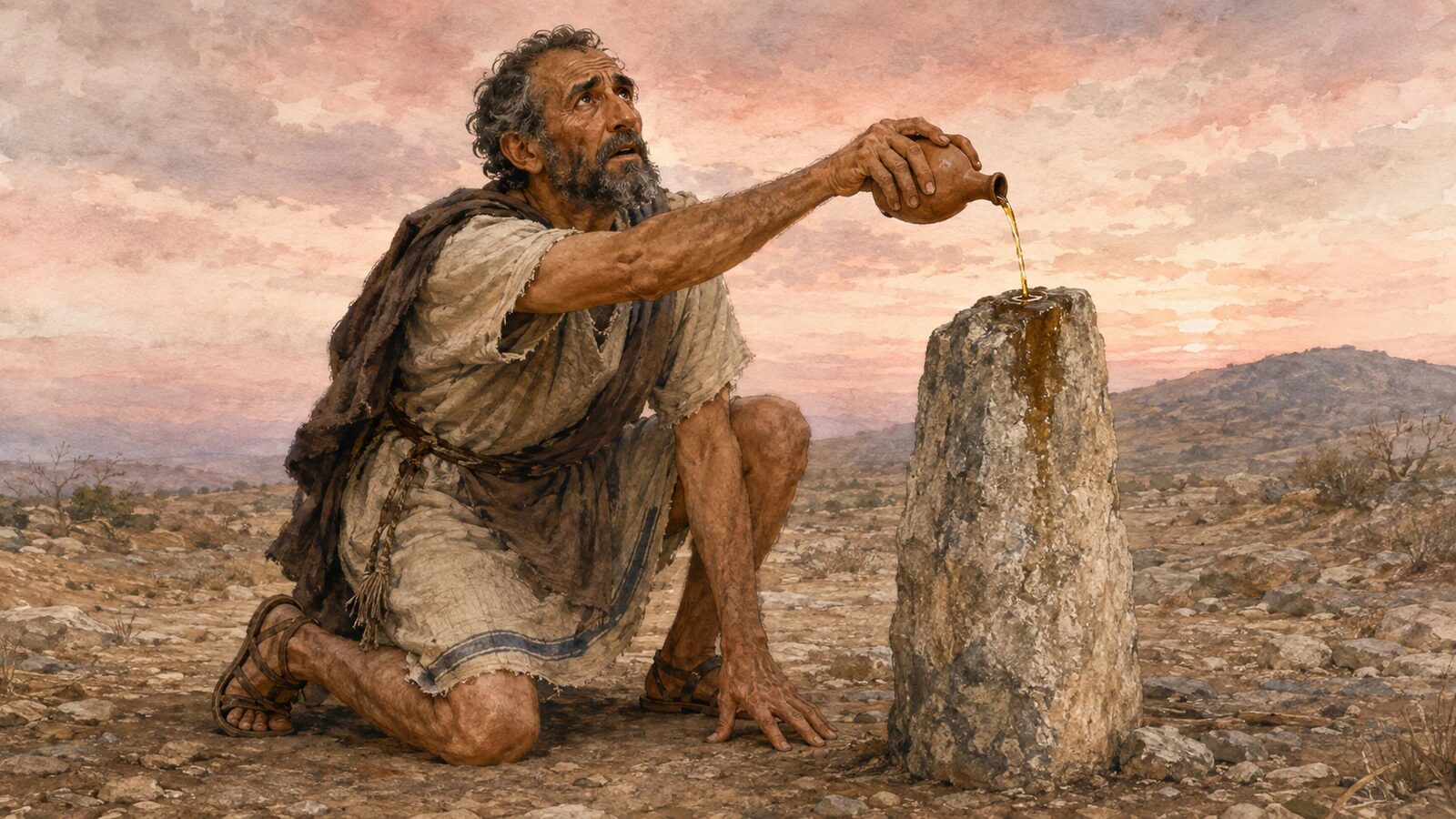 Jacob Anoints the Stone Pillar at Bethel Jacob pours oil on the stone pillar at Bethel the morning after his dream