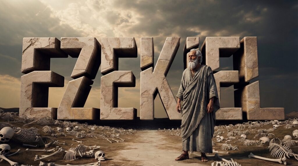 Ezekiel standing before stone letters spelling his name in a valley of dry bones