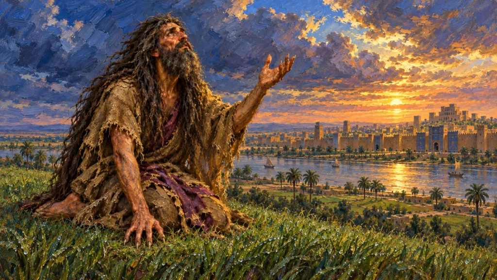 Classical oil painting of humbled Nebuchadnezzar lifting his eyes to heaven outside Babylon.