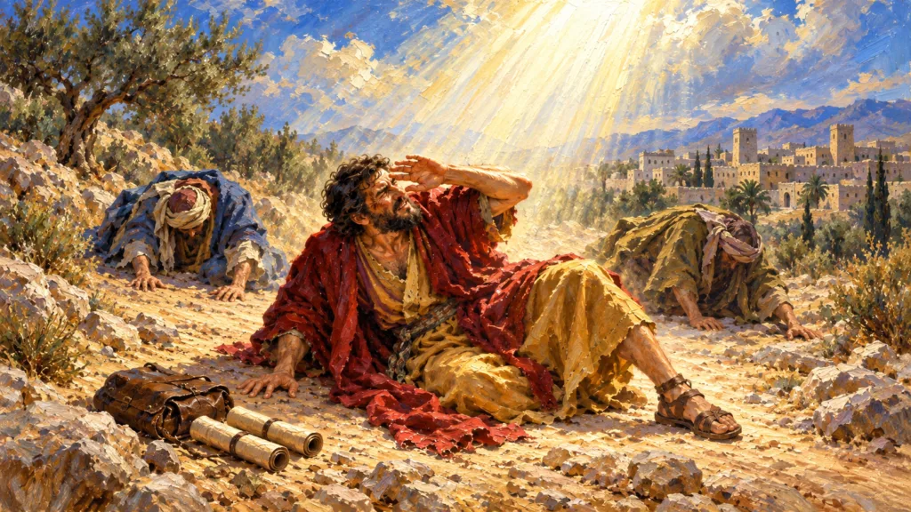 Classical oil painting of Saul and his companions fallen under heavenly light on the Damascus road.