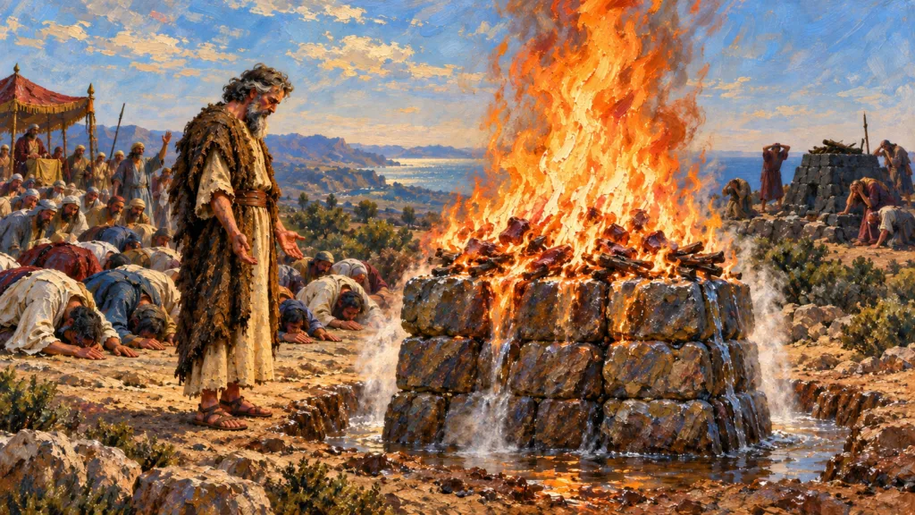 Classical oil painting of Elijah beside the sacrifice answered by fire on Mount Carmel as the people bow.