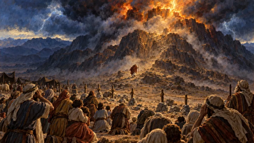 Moses approaches Mount Sinai while Israel waits behind the boundary below