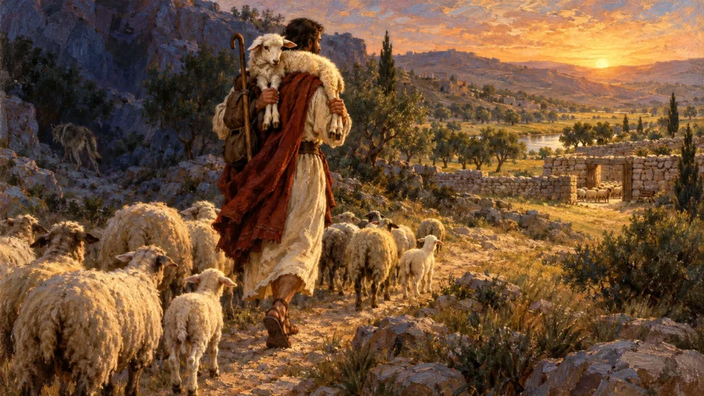 The Good Shepherd carries a rescued lamb while the flock follows Him toward safety