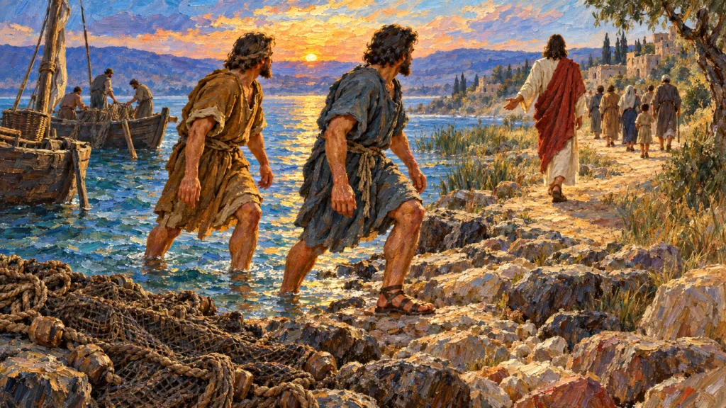 Classical oil painting of Peter and Andrew leaving their fishing nets to follow Jesus along the Galilean shore.