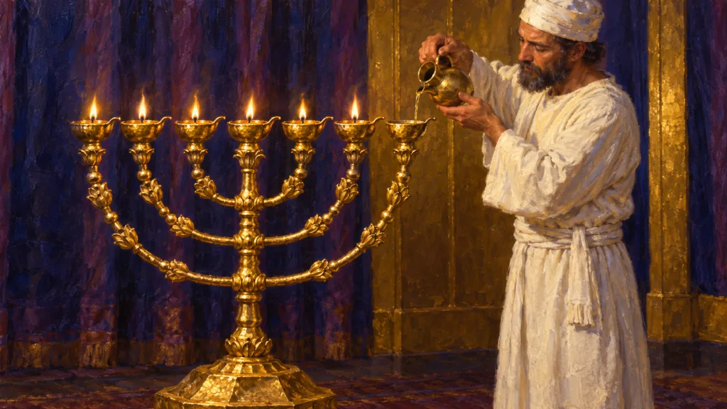Classical oil painting of a priest pouring oil into one of seven gold lamps in the tabernacle.
