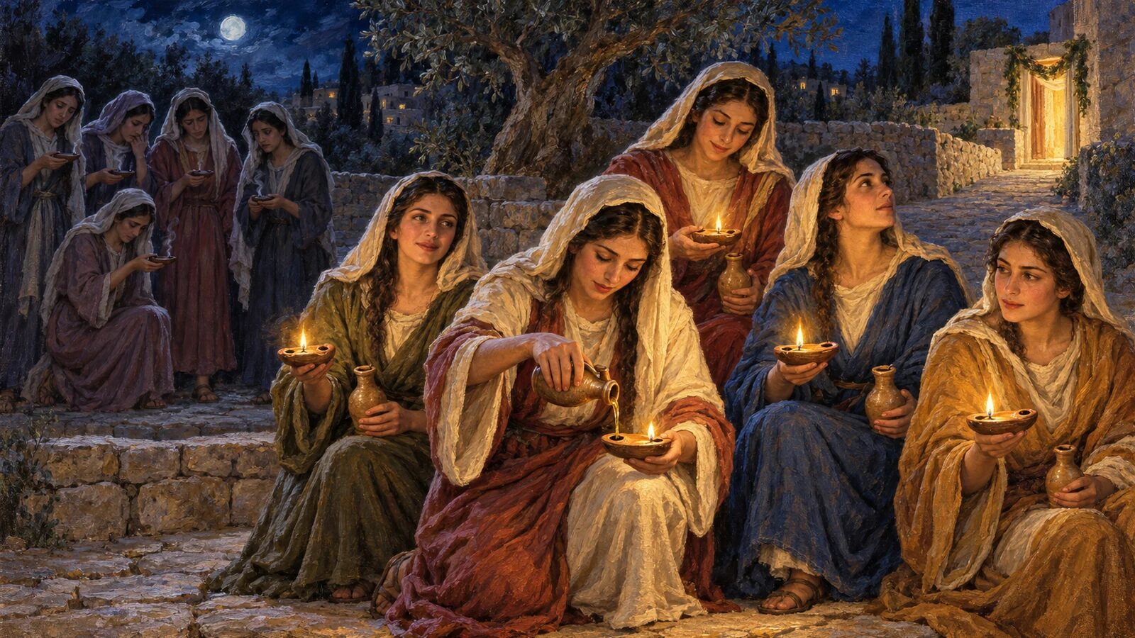 Lamps Filled With Oil: What They Mean in the Bible Five wise women tend oil-filled lamps while five unprepared lamps go dark