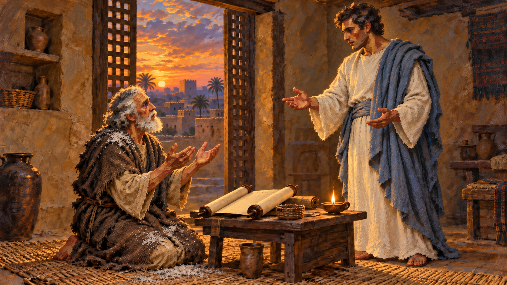Classical oil painting of elderly Daniel in sackcloth receiving an explanation from Gabriel beside a Scripture scroll.