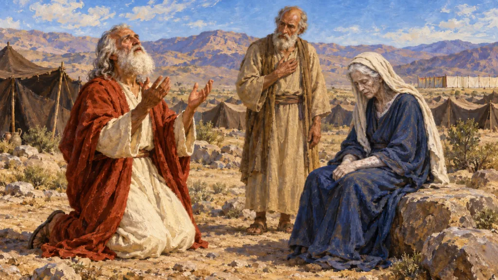 Classical oil painting of elderly Moses praying for afflicted Miriam while Aaron stands nearby.