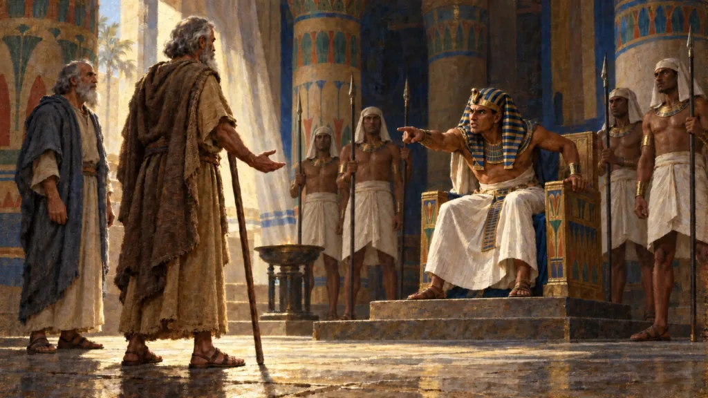 Moses stands calmly before an angry Pharaoh with his staff lowered