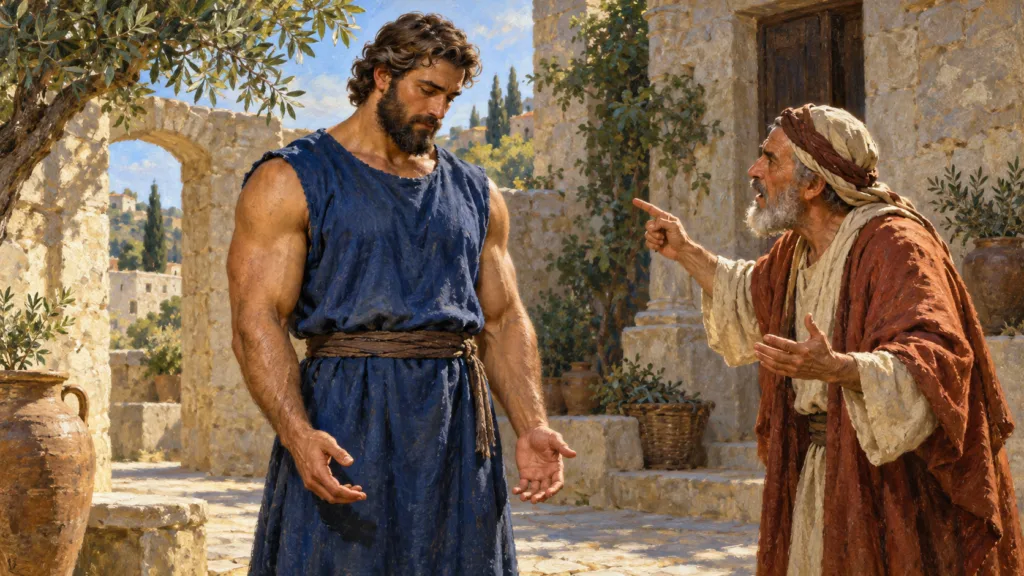 Classical oil painting of a powerful man in a blue tunic responding with humility and open hands while an older man confronts him.