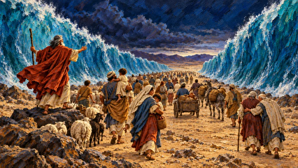 Classical oil painting of Moses and Israelite families crossing the Red Sea on dry ground.