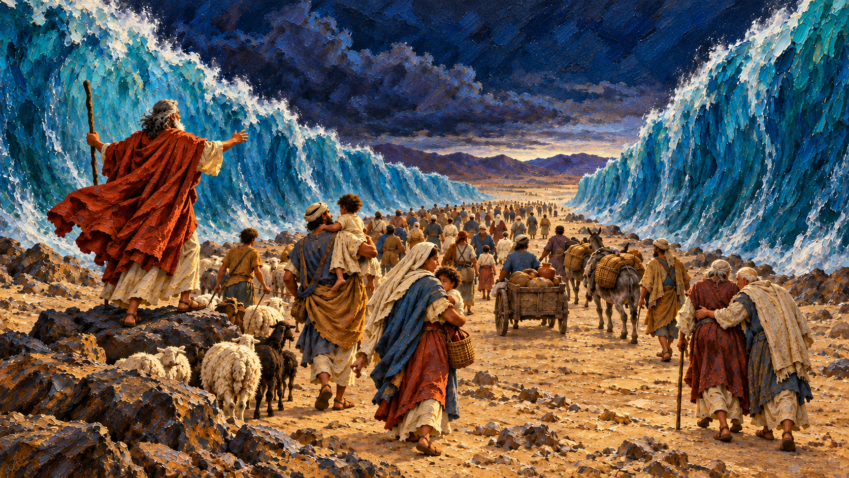 Israel crossing the Red Sea – classical oil painting Classical oil painting of Moses and Israelite families crossing the Red Sea on dry ground.