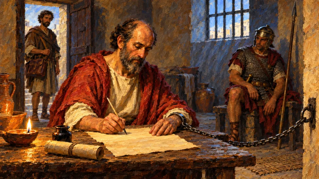 Classical oil painting of Paul calmly composing a letter while chained, with a Roman guard and waiting visitor.