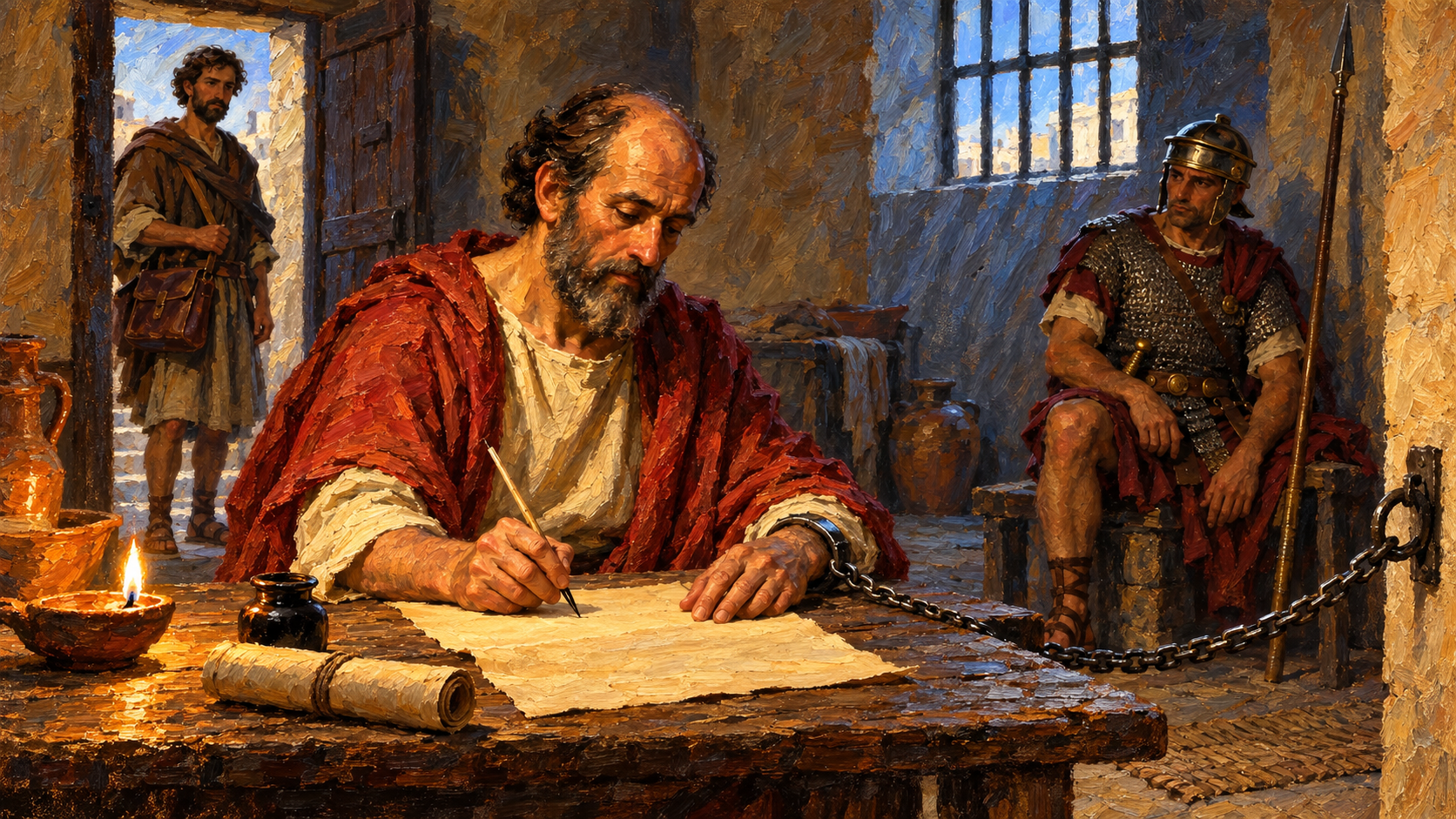 Classical oil painting of Paul calmly composing a letter while chained, with a Roman guard and waiting visitor.