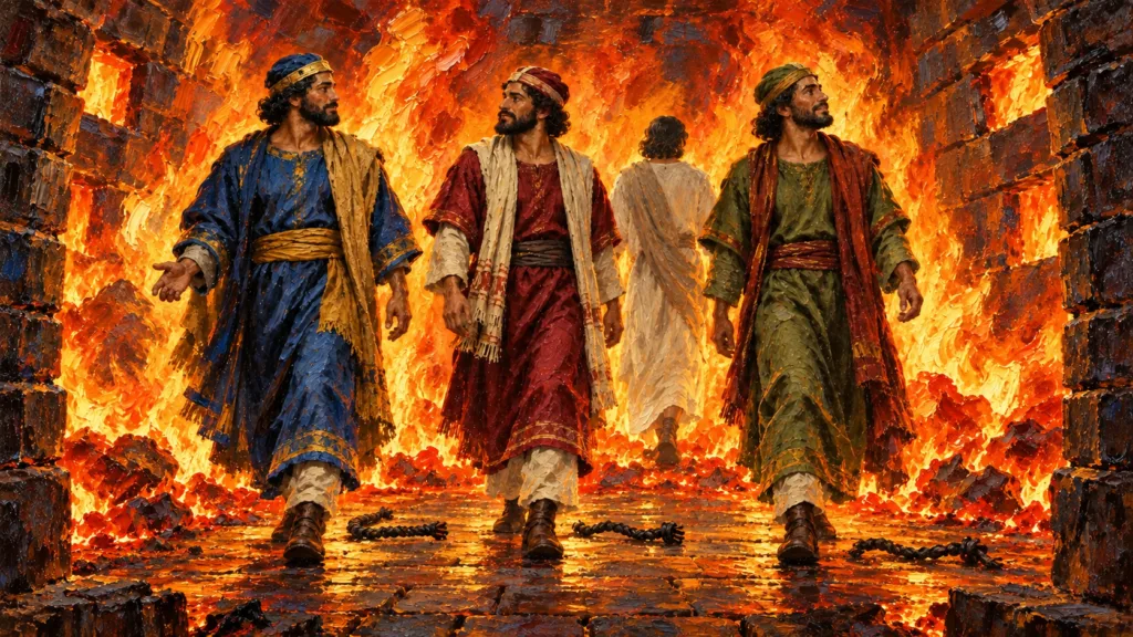 Classical oil painting of Shadrach, Meshach and Abednego walking unharmed in the furnace with a fourth companion.