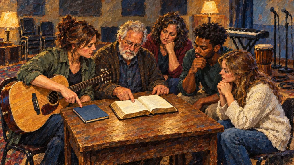 Classical oil painting of a modern worship team comparing song material with an open Bible during rehearsal.