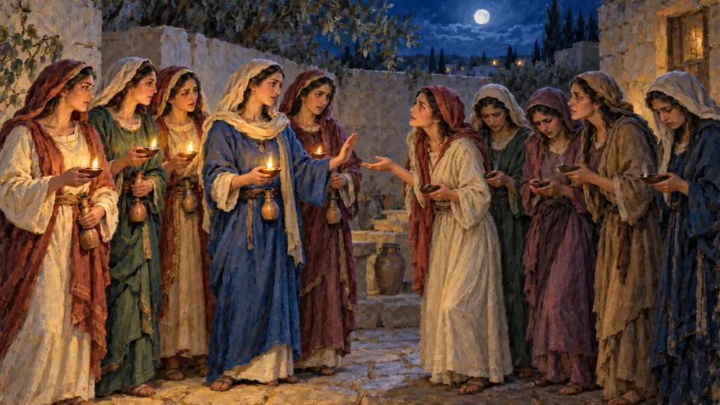 Classical oil painting of five attendants with failing lamps asking five prepared attendants for oil at midnight.