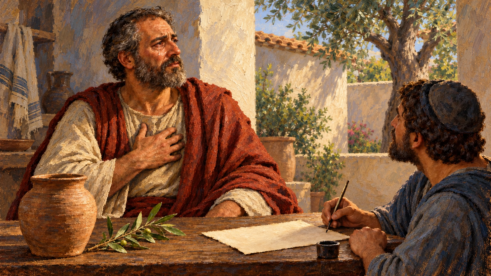 Paul grieving for Israel – classical oil painting Classical oil painting of Paul pausing in sorrow while a scribe waits beside a clay vessel and olive sprig.