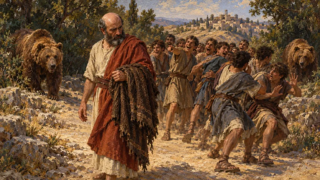 Bald Elisha holds Elijahs mantle as older youths recoil from two bears near Bethel