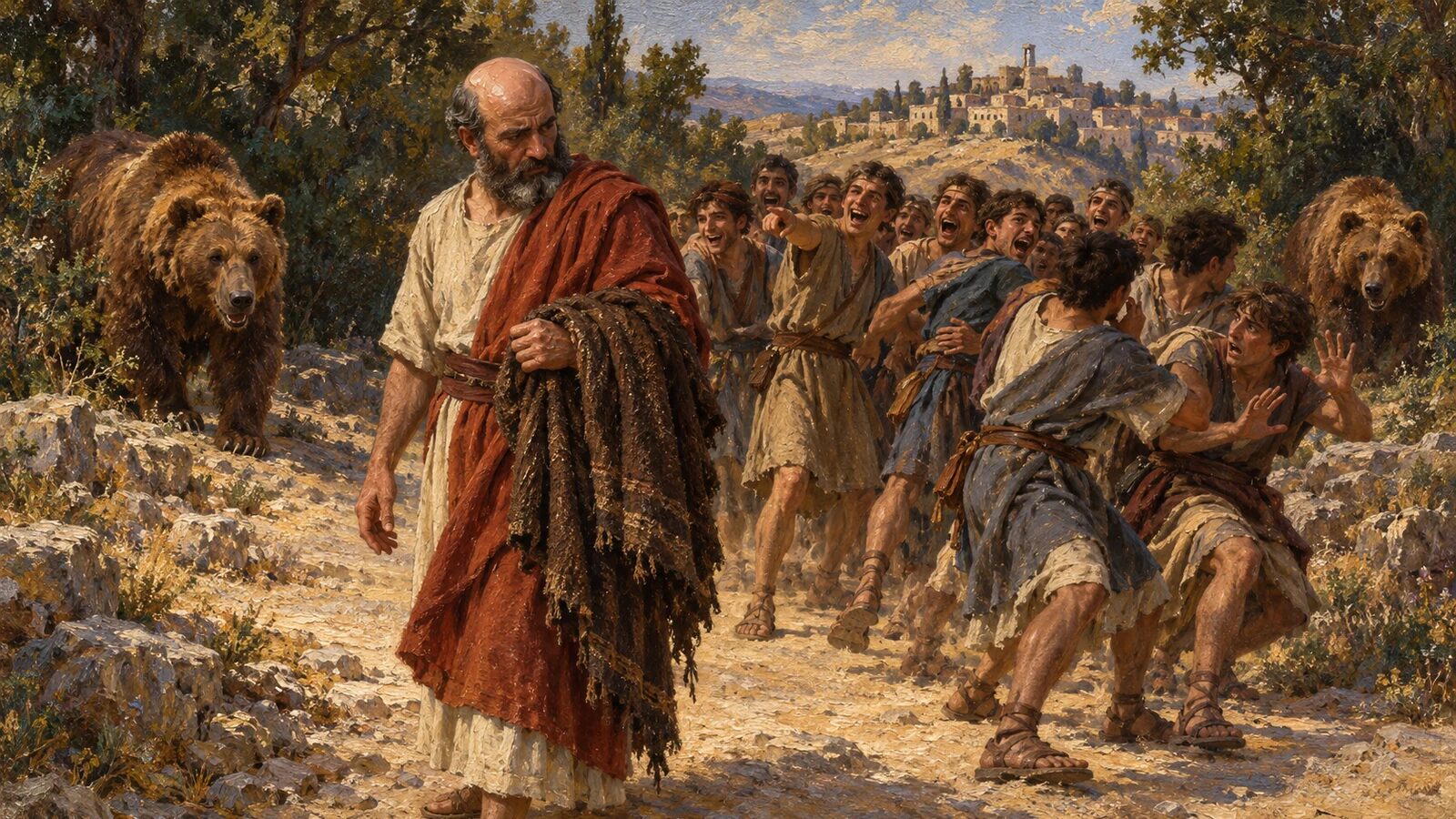 Bald Elisha Confronted by Older Mockers Near Bethel Bald Elisha holds Elijahs mantle as older youths recoil from two bears near Bethel